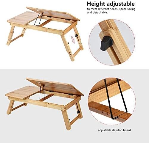 Relaxsit Laptop Desk for Bed, Bamboo Lap Desk with Tablet Slot Adjustable Height Angle Foldable Storage Drawer Portable Tray Table Stand for Notebook Computer Breakfast Work Study Reading Writing Large most models with Cooling fans, drawers