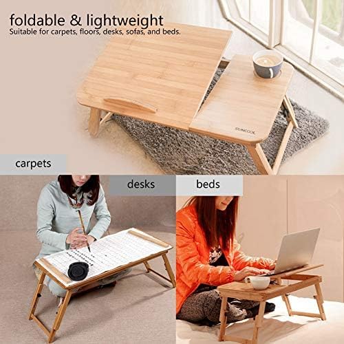 Relaxsit Laptop Desk for Bed, Bamboo Lap Desk with Tablet Slot Adjustable Height Angle Foldable Storage Drawer Portable Tray Table Stand for Notebook Computer Breakfast Work Study Reading Writing Large most models with Cooling fans, drawers