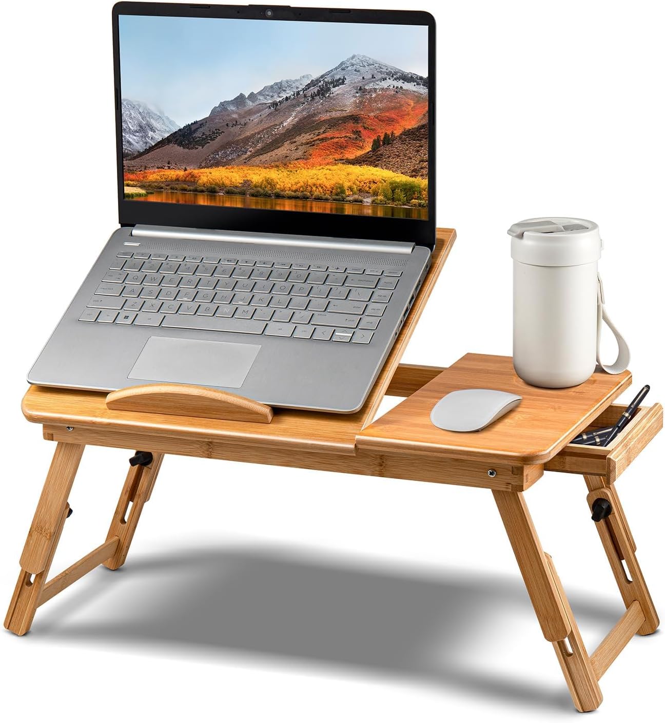 Relaxsit Laptop Desk for Bed, Bamboo Lap Desk with Tablet Slot Adjustable Height Angle Foldable Storage Drawer Portable Tray Table Stand for Notebook Computer Breakfast Work Study Reading Writing Large most models with Cooling fans, drawers