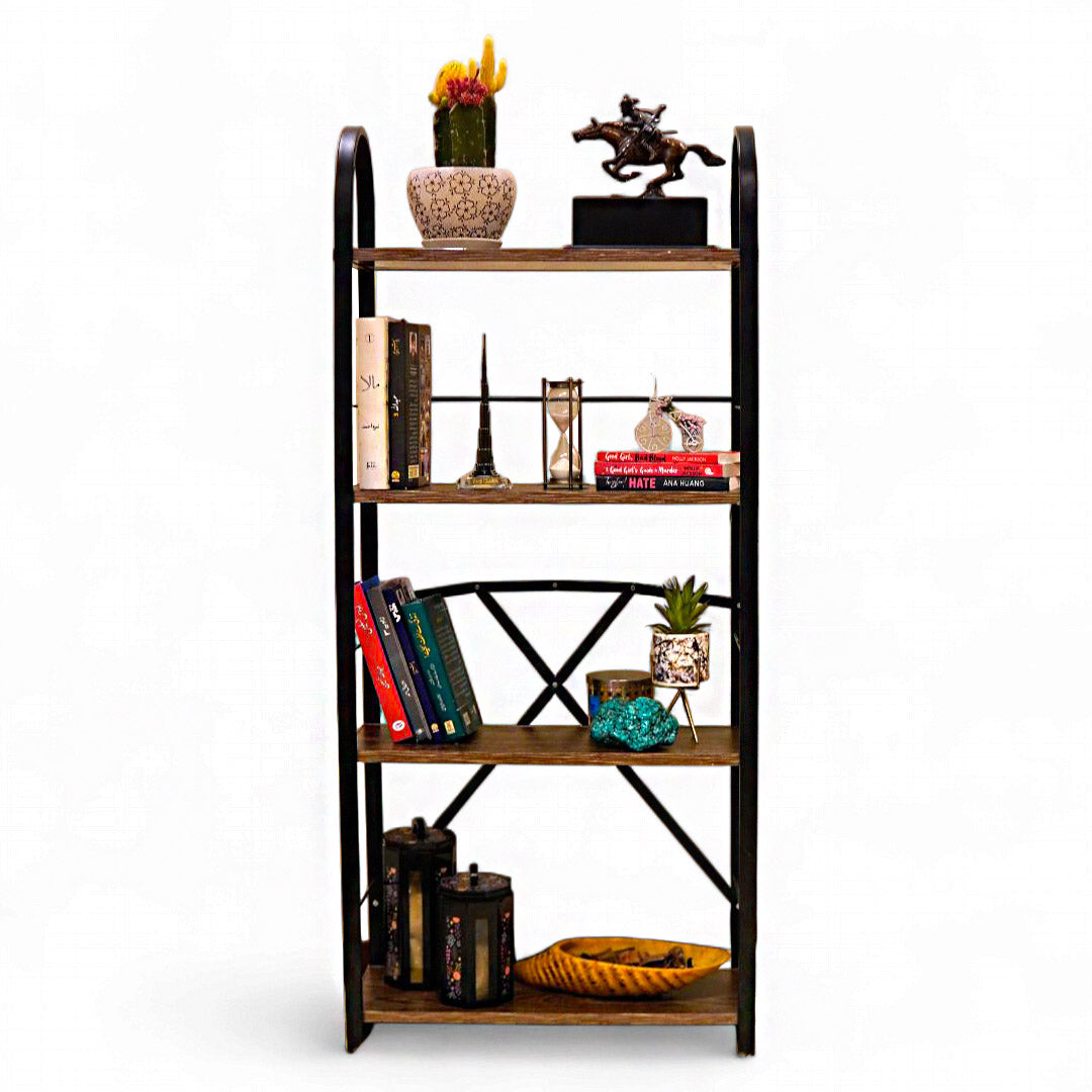 Relaxsit Brown 4 Tiers Foldable Bookshelf with screwless assembly, Bookcase, Book Holder Organizer, Display Storage Rack Standing Shelves for Bedroom Living Room/Home/Office