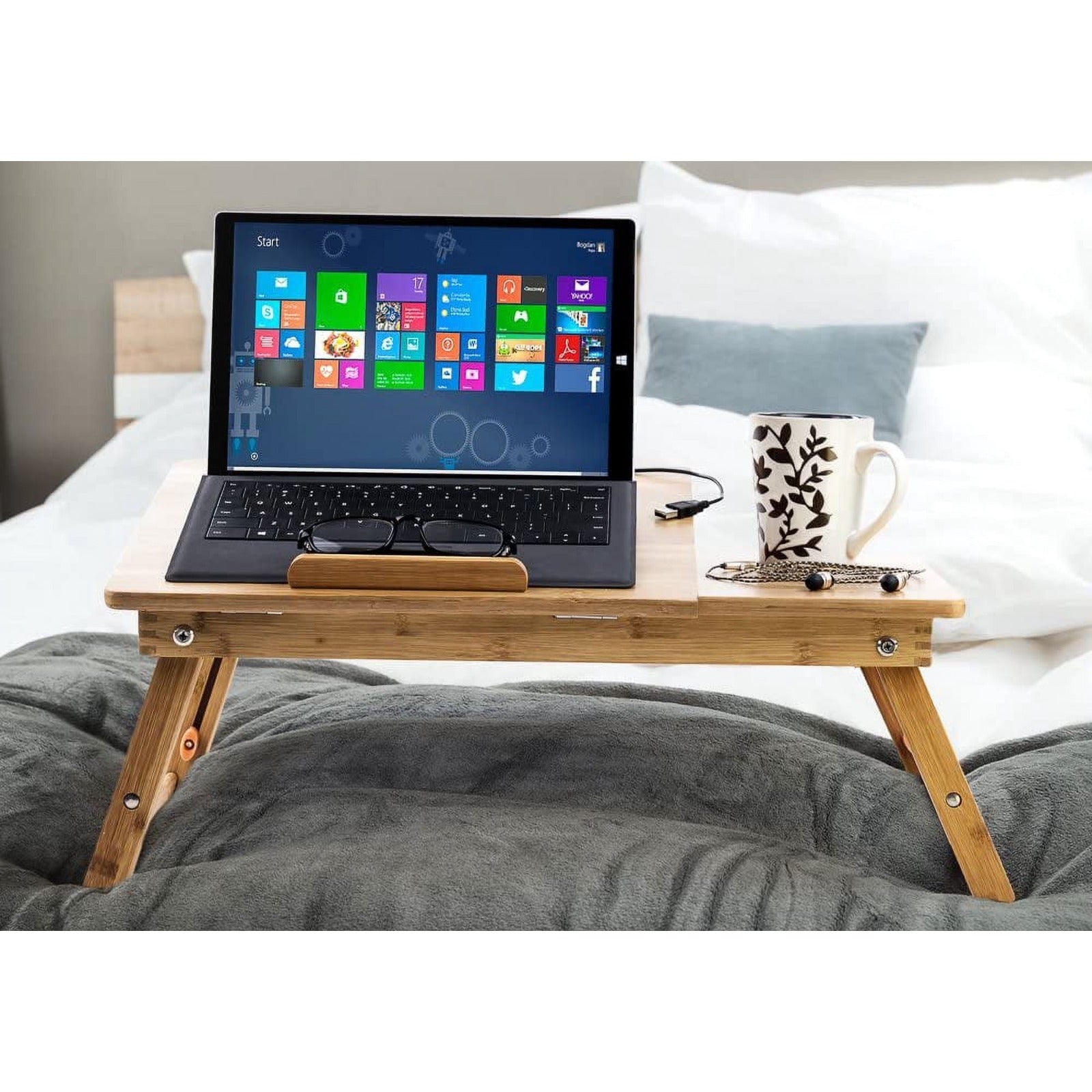 Relaxsit Laptop Desk for Bed, Bamboo Laptop Desk Single Flower With Fan 13.5"